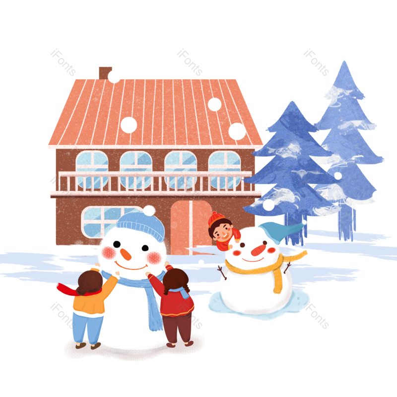 雪花图片,房子元素,雪人PNG,堆雪人免抠素材